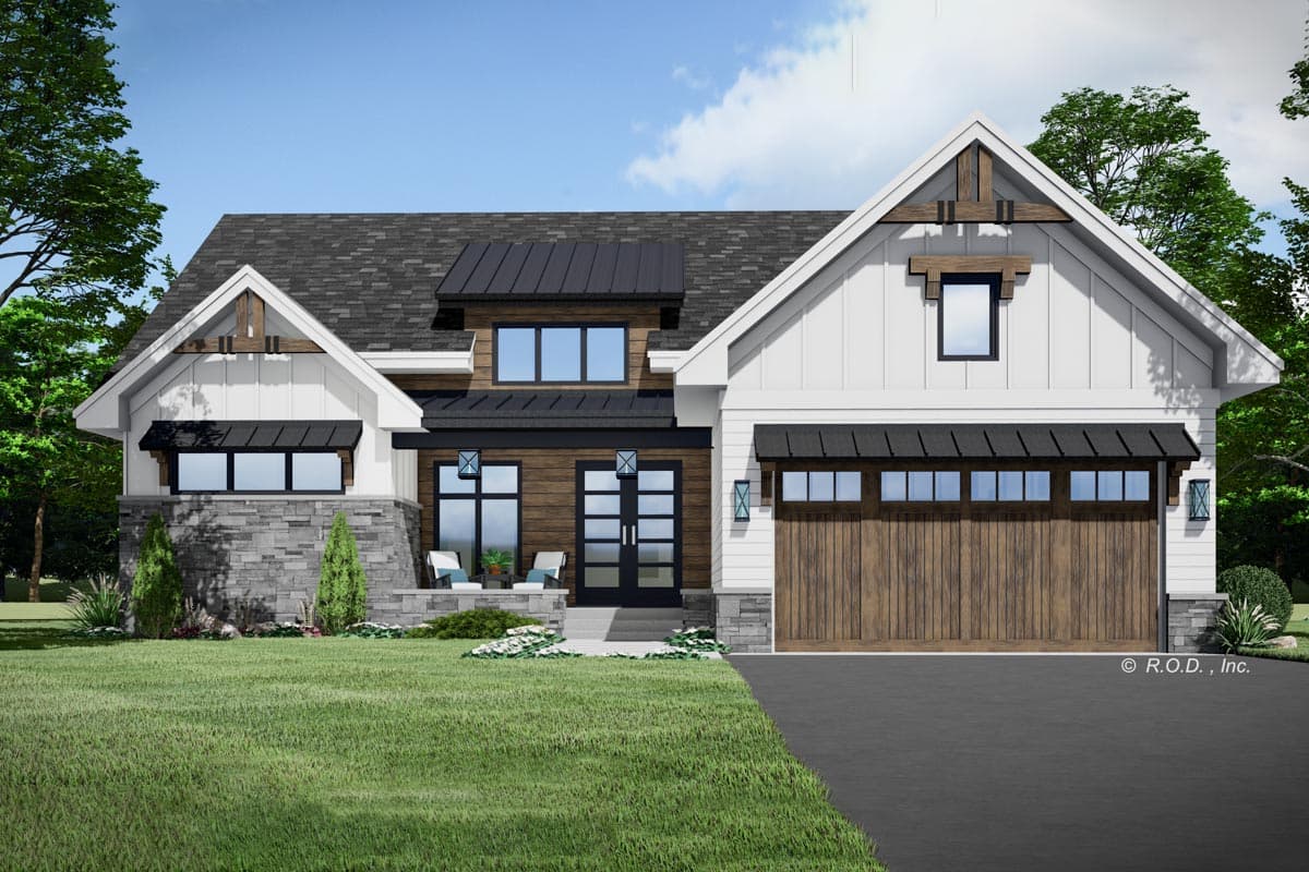 House plan exterior with Modern Farmhouse style. Features include a two-story design, gables, a covered entry, and a garage door.