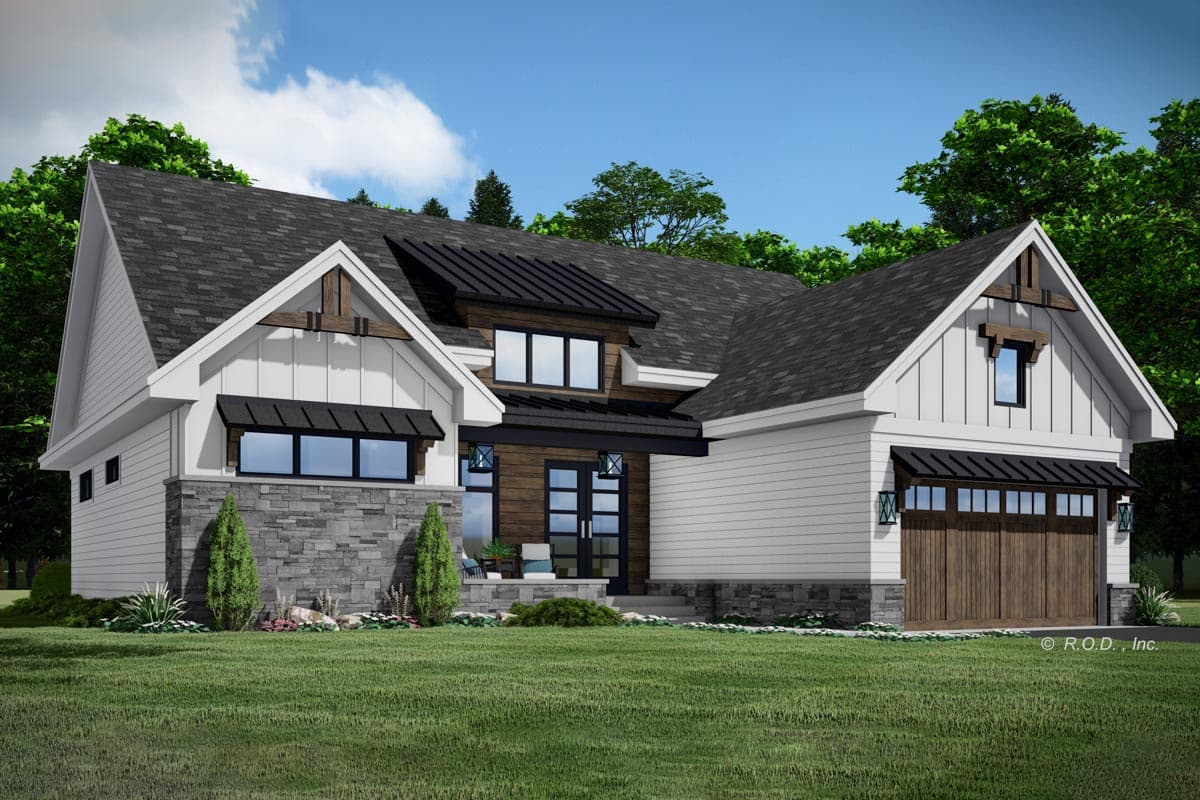 Modern Farmhouse style house plan exterior featuring board and batten siding, stone accents, gables, and a two-car garage.