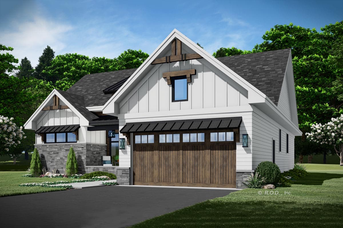 Modern Farmhouse house plan exterior with board and batten siding, stone accents, large wood garage door, and gables.