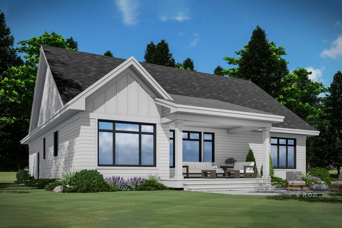 Modern Farmhouse house plan exterior with board and batten siding, a covered porch, and prominent gables.