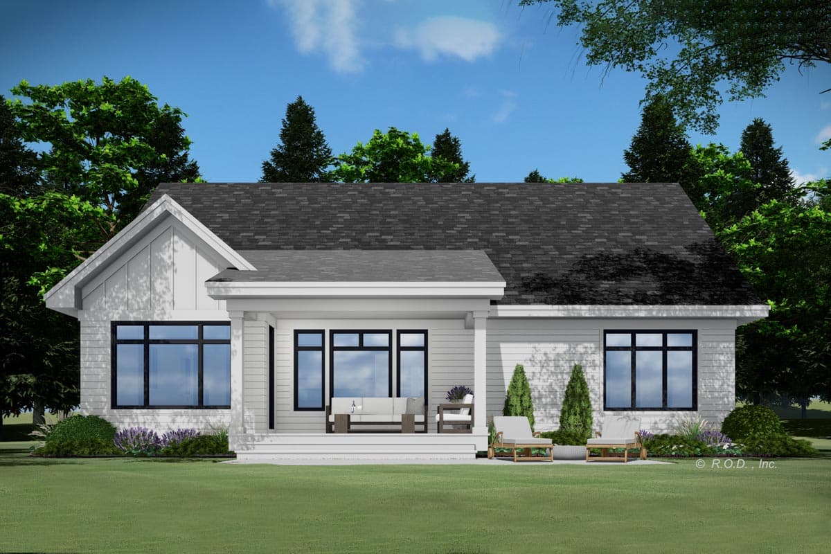 House plan exterior of a single-story Modern Farmhouse with a covered porch, prominent gable, and large windows.