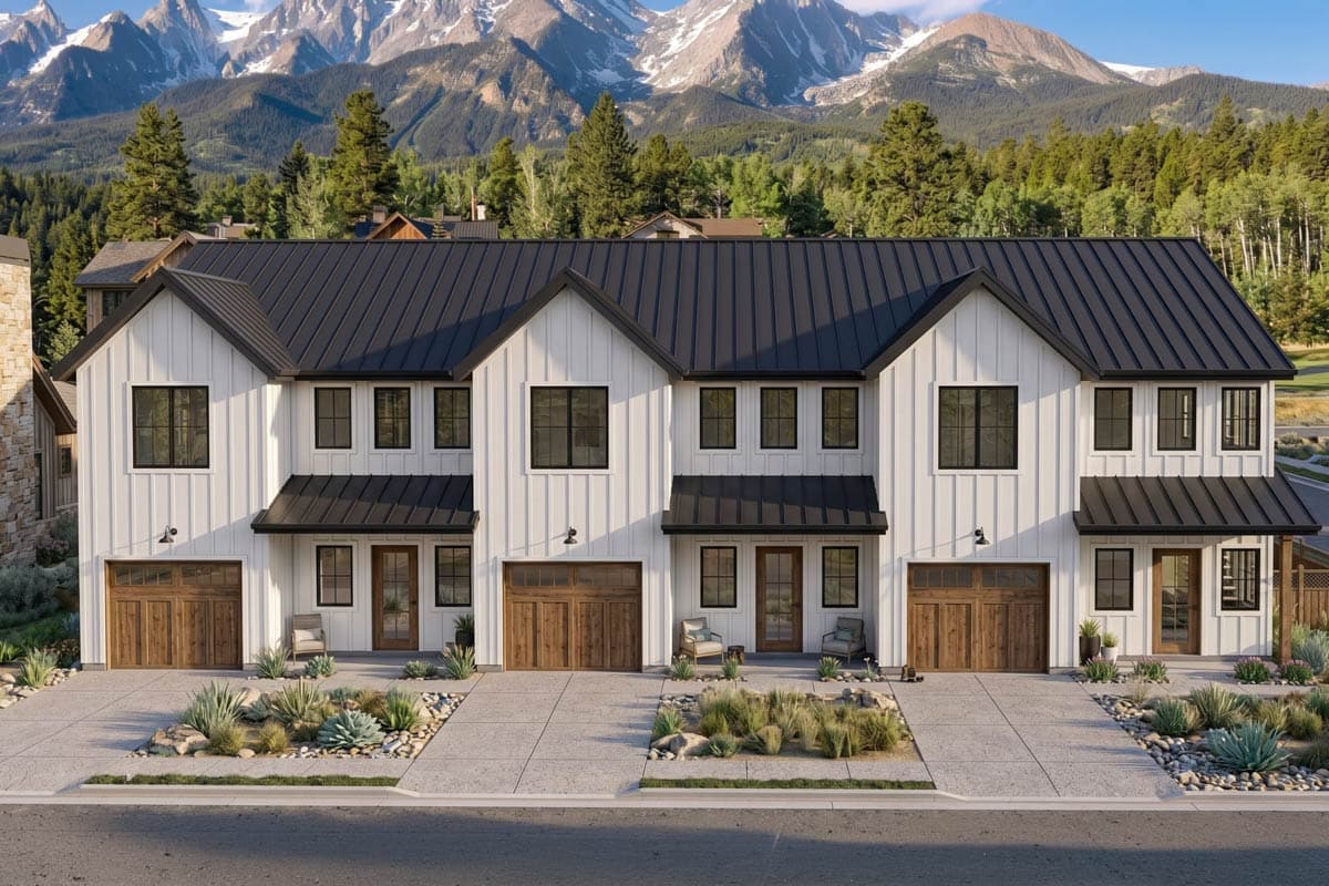 Modern Farmhouse house plan exterior with two stories, gabled rooflines, dark trim, and attached garages.