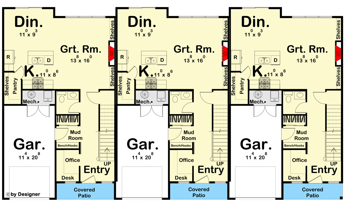 Plan 623200DJ: Modern Farmhouse Triplex House Plan with 3-Bed Units Under 1800 Square Feet - Floor Plan - Main Level - Country, Modern Farmhouse, New American, Traditional