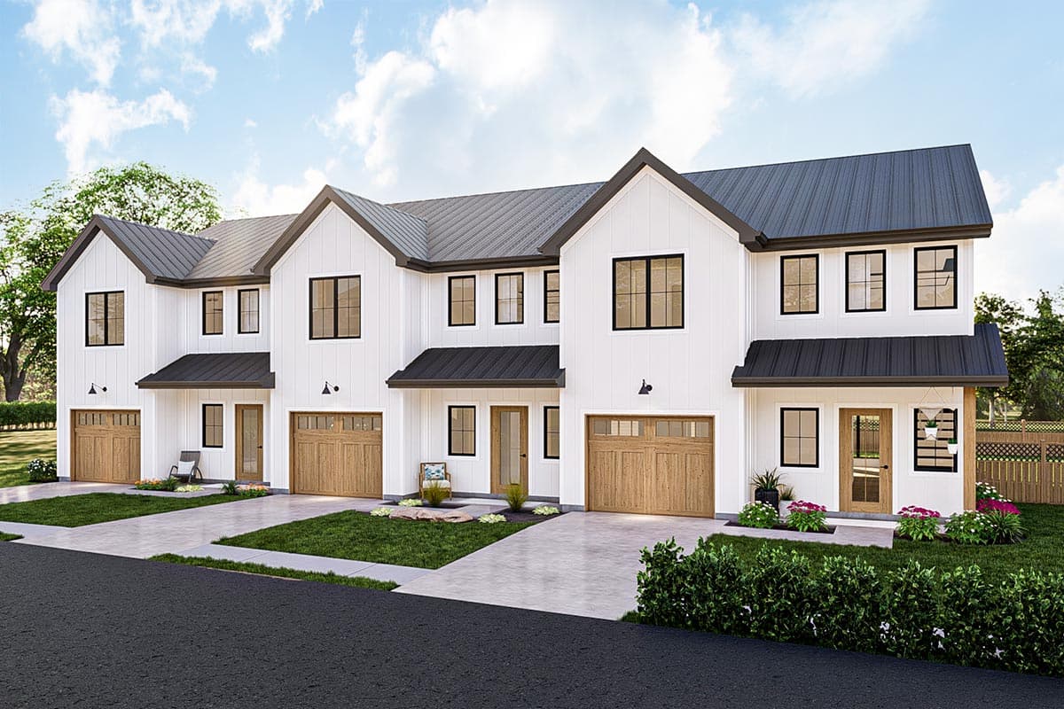 Modern Farmhouse house plan exterior with two stories, gabled rooflines, dark trim, and attached garages.