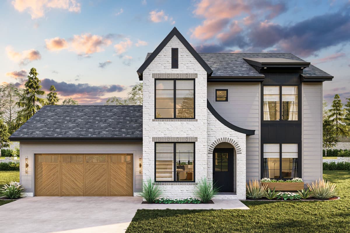 House plan exterior. Two-story, Modern style home with brick accents and a gabled roof. Features include an arched entry and a side-entry garage.