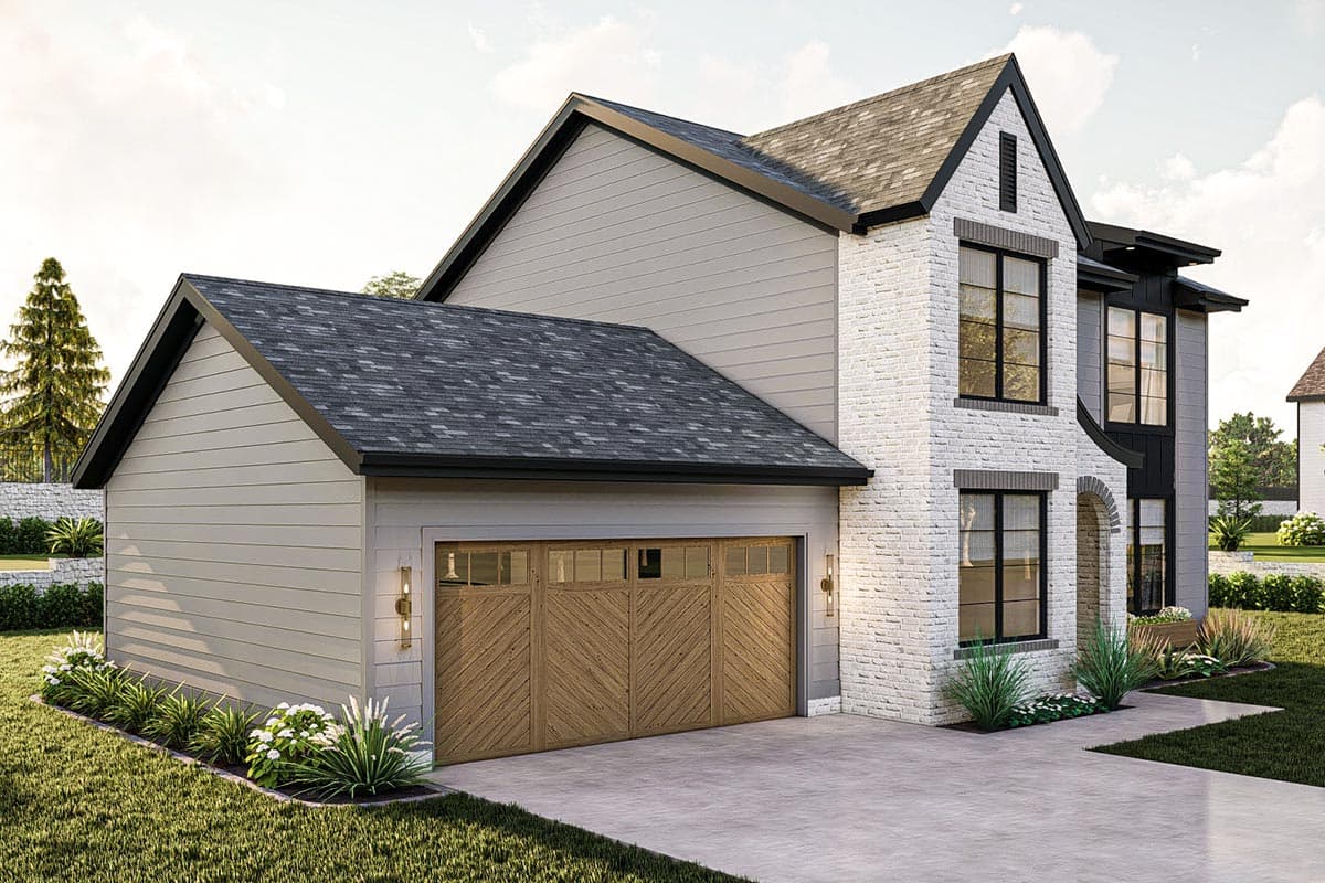 Two-story house plan exterior with white brick facade, horizontal siding, gable roof, and wood-paneled garage doors.