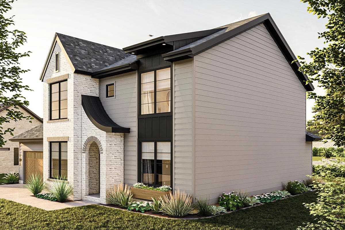 House plan exterior, two stories, with white brick, arched entryway, gable, and horizontal siding.