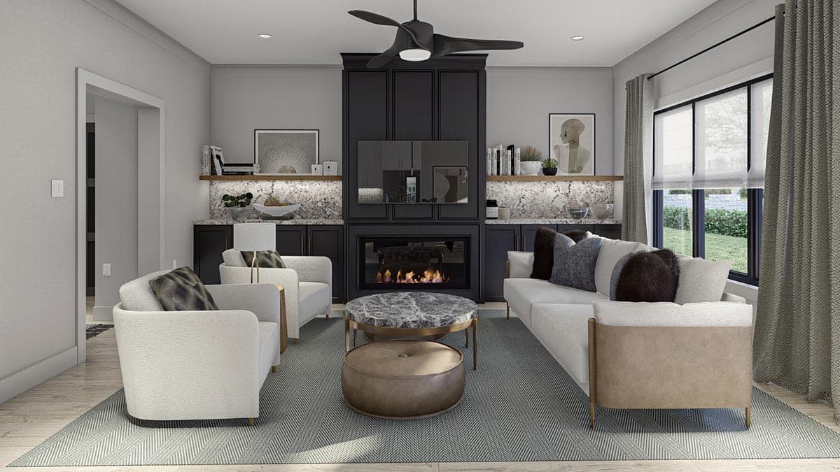 Living room rendering with a fireplace, built-in cabinetry, seating area, and large window with view of backyard.