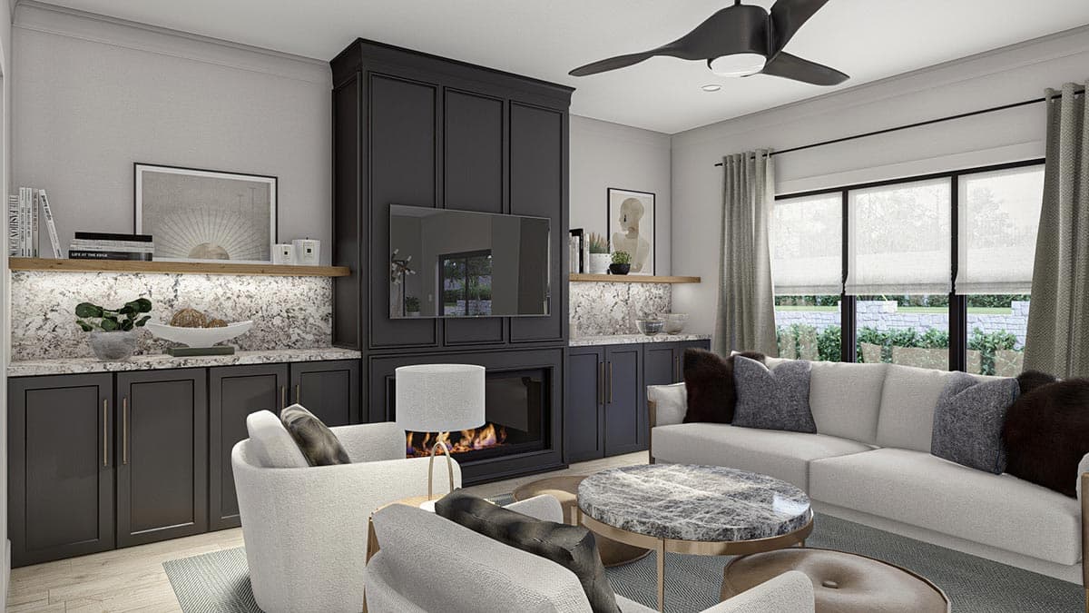 Living room interior rendering with fireplace, built-in cabinets, large windows, and a sectional sofa.