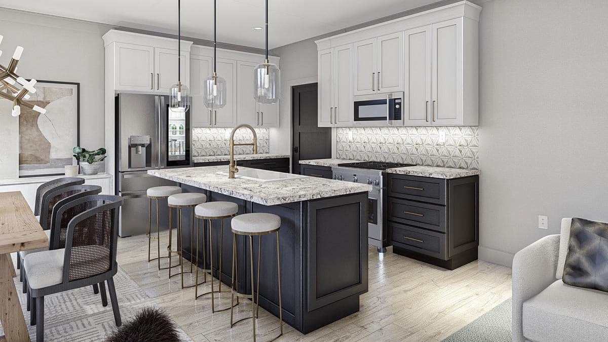 Kitchen rendering with large island, white upper cabinets, dark lower cabinets, stainless steel appliances, and patterned backsplash.