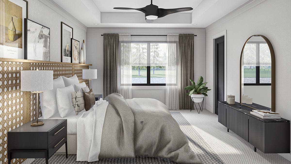 Primary bedroom rendering with a cane headboard, large window with draperies, ceiling fan, and modern dresser with mirror.