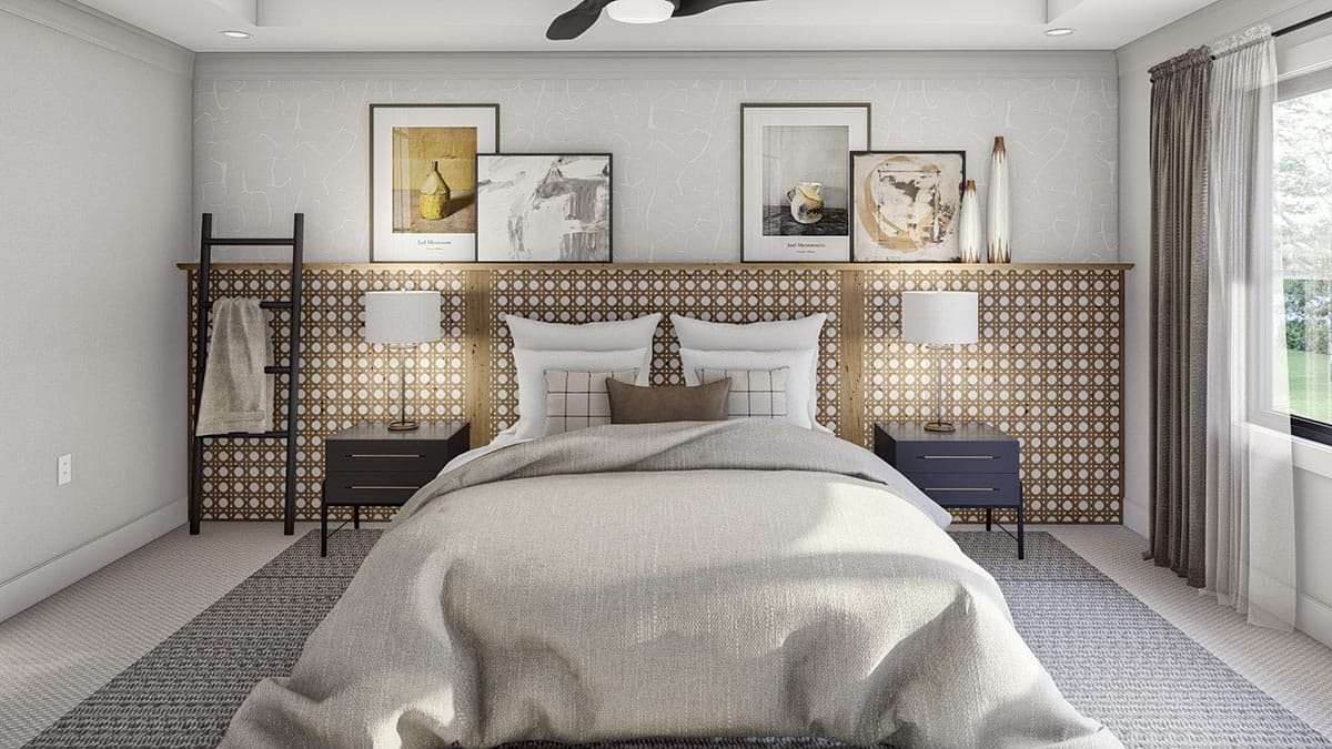 Interior rendering of a bedroom featuring a bed with a cane headboard, two nightstands, a decorative ladder, and artwork above the bed.