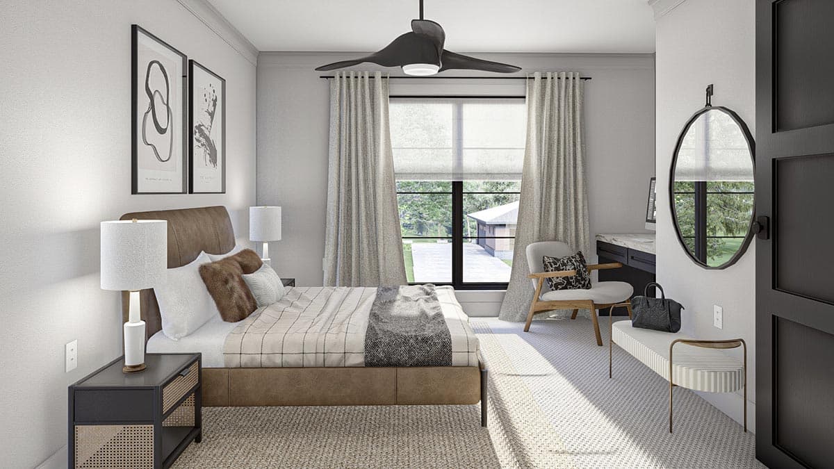 Bedroom rendering with king bed, two nightstands, a desk, chair, and large window with view of garage.