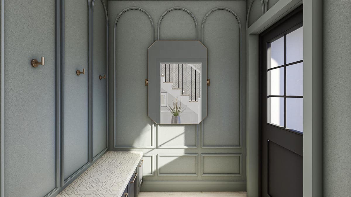 Entryway interior rendering with paneled walls, bench seating, octagonal mirror reflecting a staircase, and door with multi-pane glass.