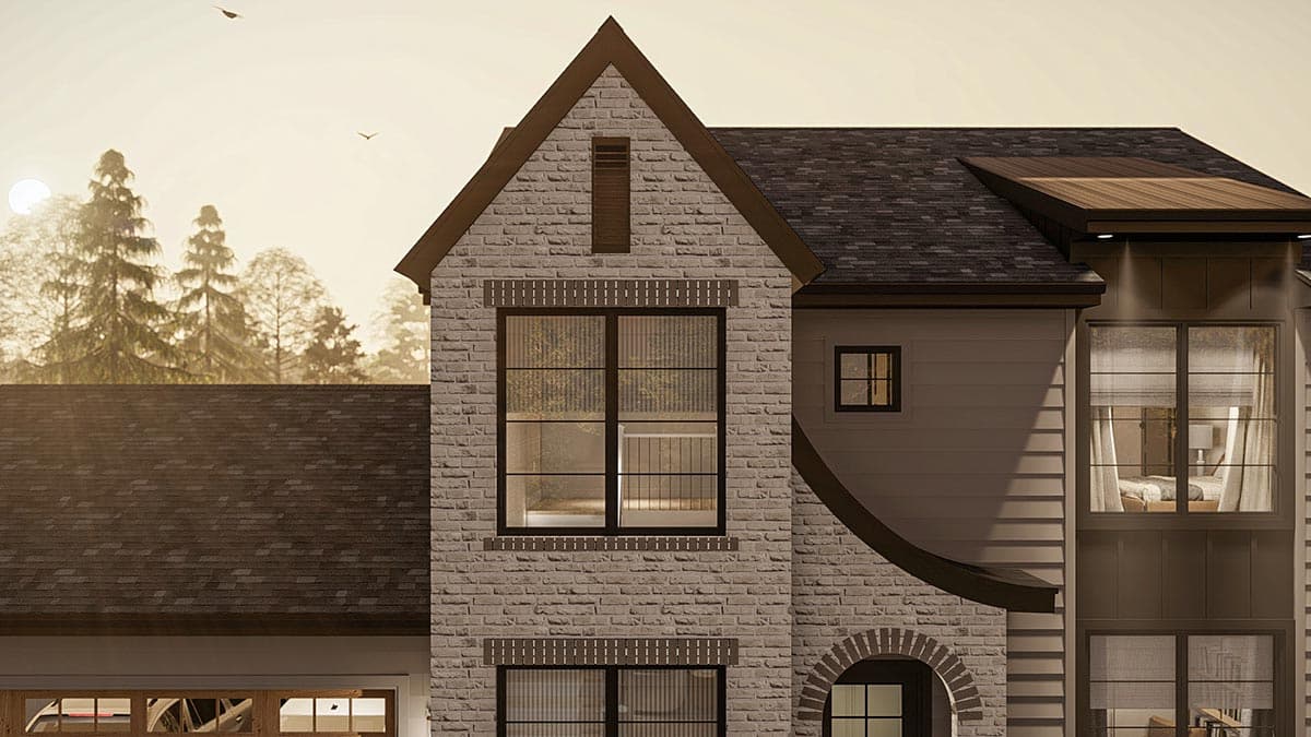 House plan exterior with brick facade, gables, prominent window detailing, and multi-story design.