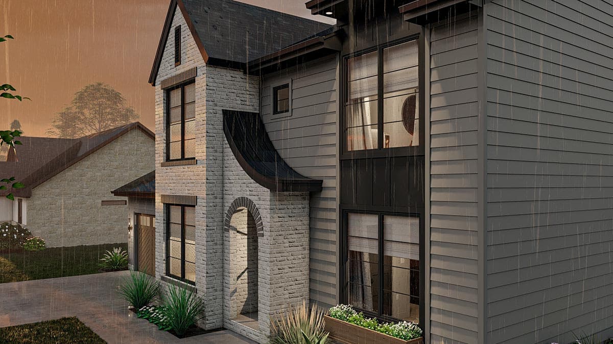 House plan exterior: Two-story modern home with brick and siding, arched entryway, gable roof, and large windows.