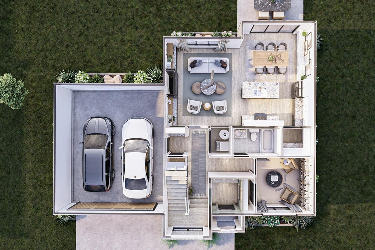 Architectural house plan: Aerial view showing a two-car garage, living room, dining area, and kitchen with an island.