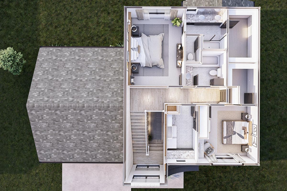 Aerial view of a house plan showing two bedrooms, bathrooms, stairs, and a living area with a fireplace.