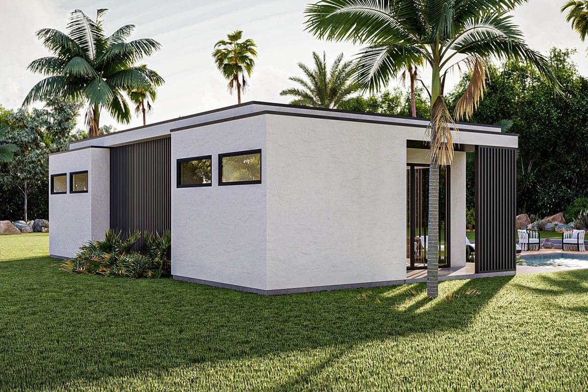 Modern one-story house plan exterior with flat roof, stucco finish, dark vertical siding accents, and rectangular windows.