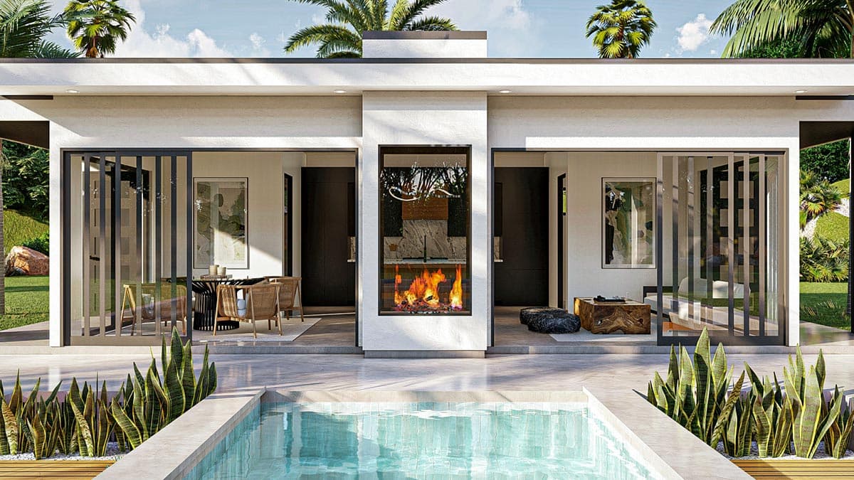 Plan 623202DJ: Mid-Century Modern Pool House with 2-Sided Fireplace - Image #4 - Contemporary, Mid Century Modern, Modern