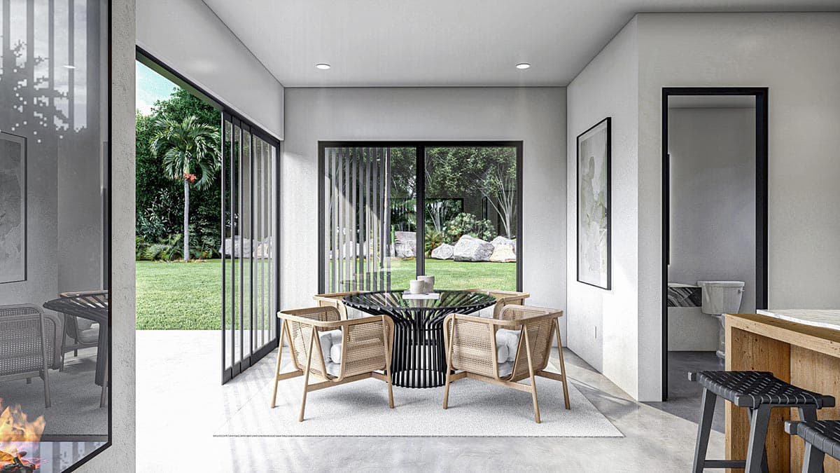 Plan 623202DJ: Mid-Century Modern Pool House with 2-Sided Fireplace - Image #6 - Contemporary, Mid Century Modern, Modern