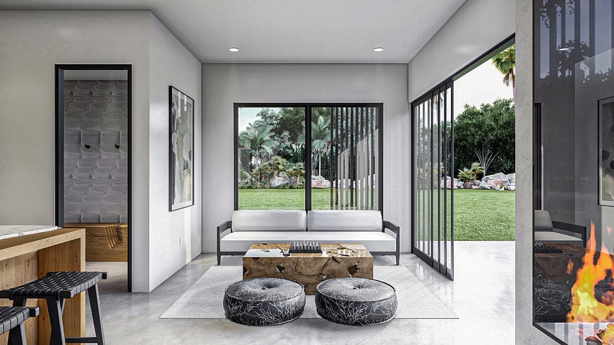 Plan 623202DJ: Mid-Century Modern Pool House with 2-Sided Fireplace - Image #7 - Contemporary, Mid Century Modern, Modern