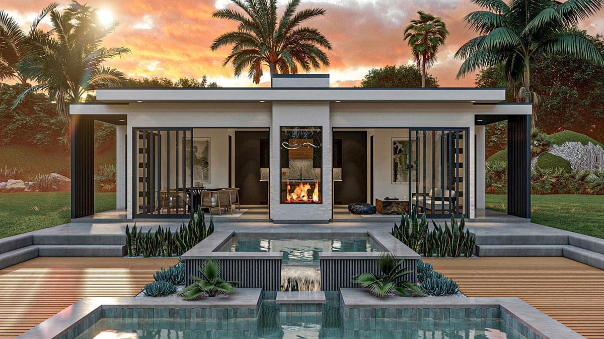 Plan 623202DJ: Mid-Century Modern Pool House with 2-Sided Fireplace - Image #9 - Contemporary, Mid Century Modern, Modern