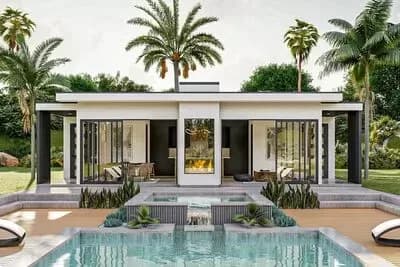 Mid-Century Modern Pool House with 2-Sided Fireplace