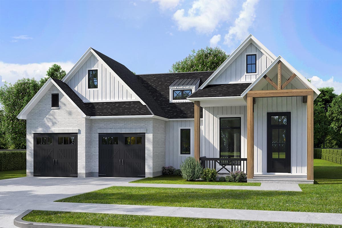 House plan exterior. Modern Farmhouse style with two stories, gabled rooflines, a porch, and a two-car garage.