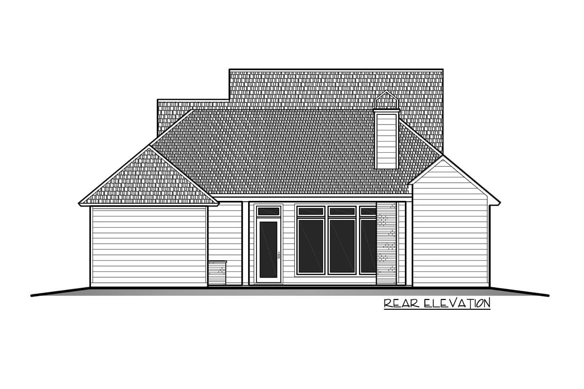 Rear elevation drawing of a house plan featuring a prominent chimney, multiple gables, and a bank of windows.