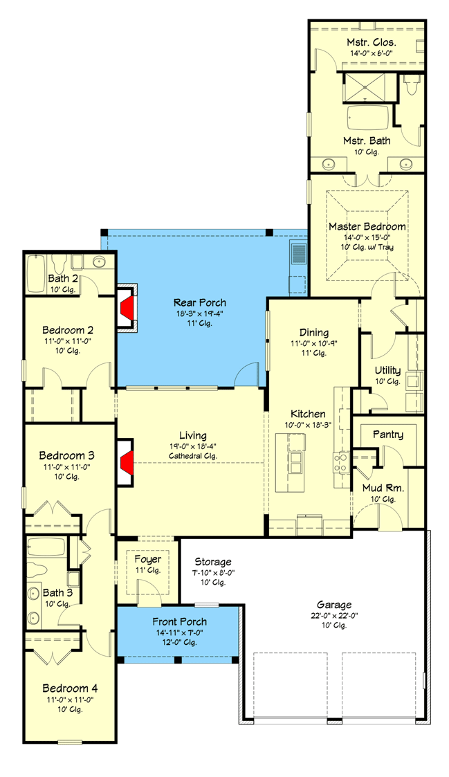 Plan 860073MCD: Under 2200 Square Foot 4 Bed House Plan with Outdoor Fireplace and Grill - Floor Plan - Main Level - Cottage, Country, Craftsman, Modern Farmhouse, New American, Southern