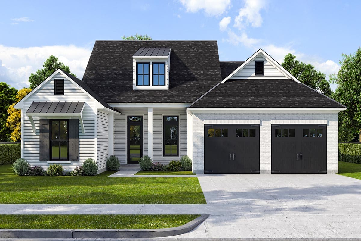 House plan exterior. Ranch style with a two-car garage, multiple gables, and a dormer window above the entry door.