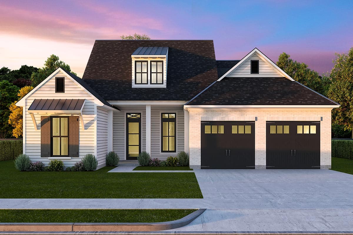House plan exterior: Modern Farmhouse style, one-story with a central dormer, front-facing two-car garage, and covered entry porch.