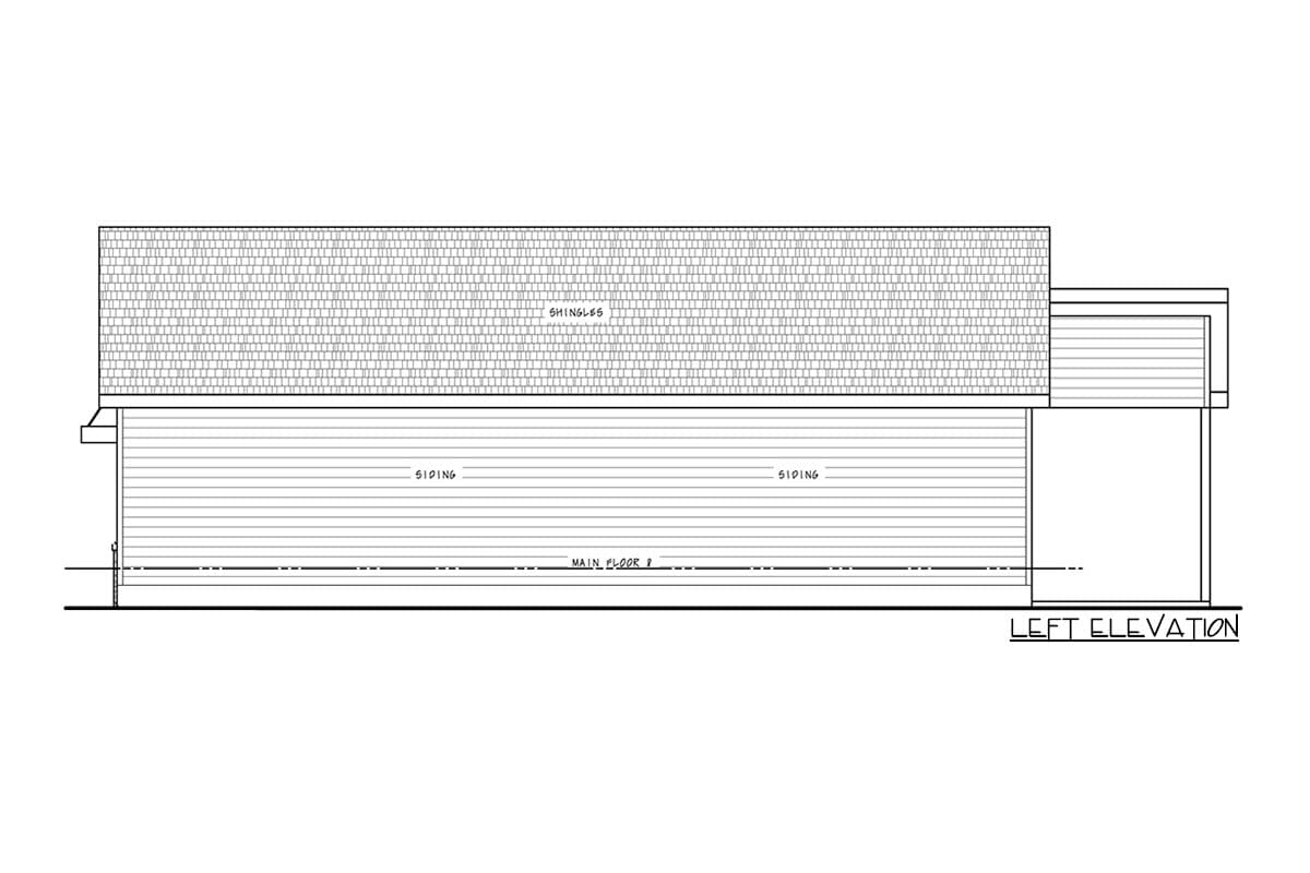 Left elevation drawing of a house plan showing siding on the lower level and shingles on the upper level.