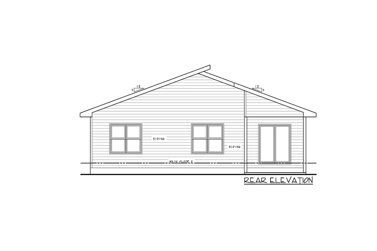 Rear elevation drawing of house plan featuring vinyl siding, two double-hung windows, and one pair of sliding glass doors.