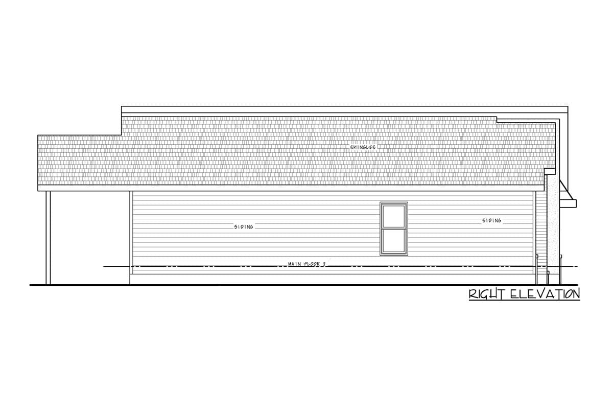 Right elevation drawing of a house plan showing siding and shingles with a single window.