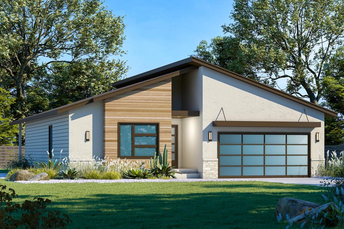 House plan exterior. Modern style, one-story home with a shed roof, wood siding accent, and a glass-paneled garage door.
