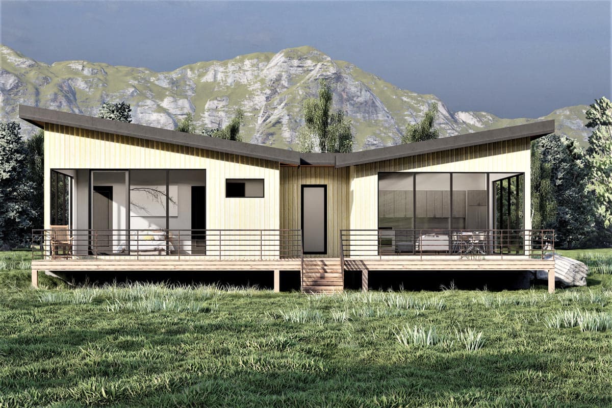 House plan exterior with mid-century modern style, single story, and a low-slung, angled roof. Features include a deck and large windows.