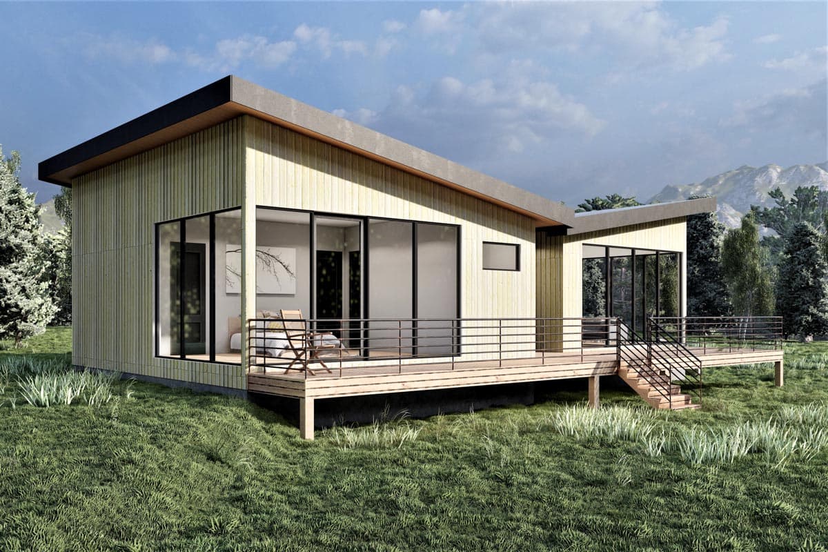 Modern house plan exterior with wood siding, flat roof, extensive glazing, and a wraparound deck with metal railings.