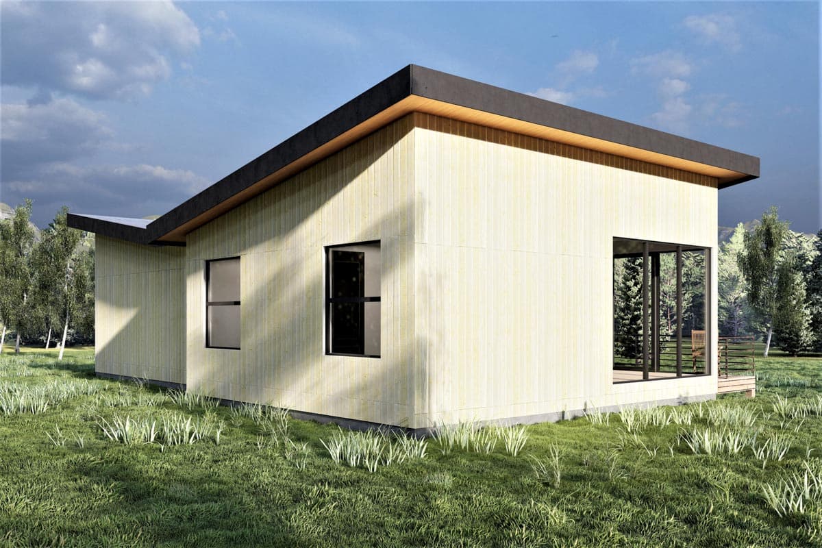 Modern single-story house plan exterior with wood siding, a low-slope roof, and large windows.