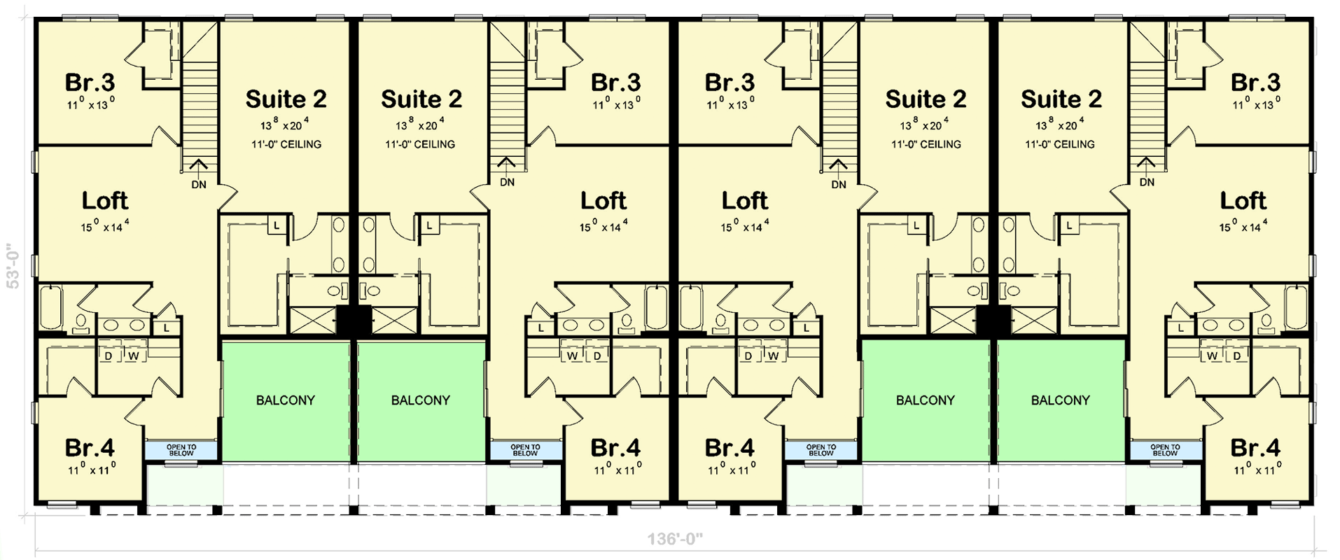 Plan 42435DB: 2-Story Modern Fourplex House Plan with 4-Bed Units Under 2500 Square Feet - Floor Plan - 2nd Floor - Contemporary, Modern