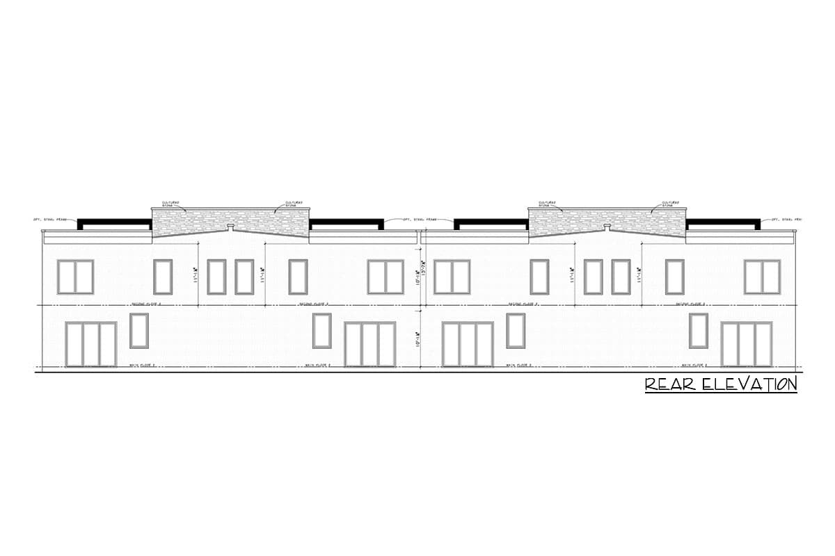 Rear elevation drawing of a multi-unit building with two levels, featuring cultured stone accents and various window and door configurations.