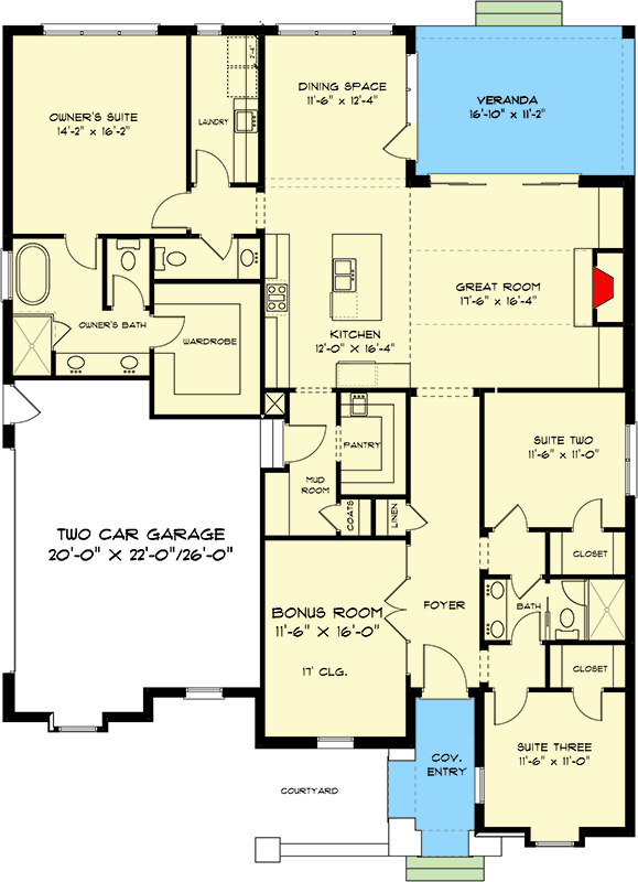 Plan 93149EL: One-Level Transitional Tudor House Plan with Bonus Room and Covered Veranda - Floor Plan - Main Level - European, Transitional, Tudor