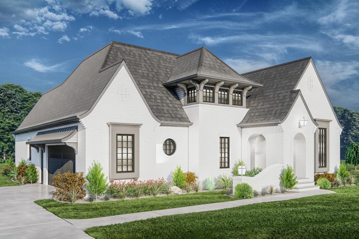 House plan exterior featuring white brick, gambrel rooflines, arched entryways, dormer windows, and a side-facing garage.