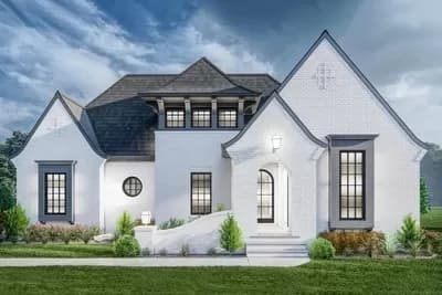 One-Level Transitional Tudor House Plan with Bonus Room and Covered Veranda