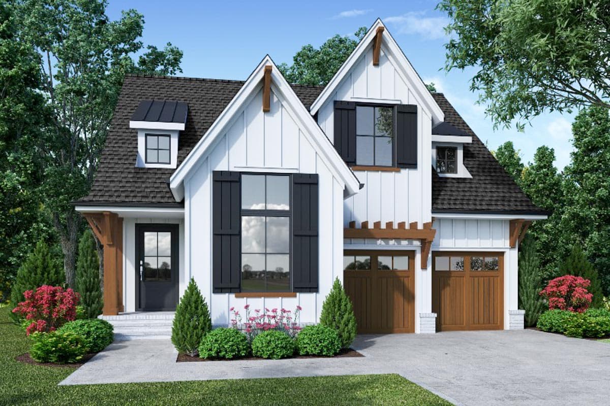 House plan exterior rendering. Modern farmhouse style with two stories, gables, dormers, and a detached garage with exposed beams.