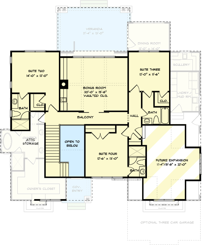 Plan 93151EL: Exclusive European Craftsman Plan with Main-floor Master Bed and Office - Floor Plan - 2nd Floor - Craftsman, European, New American, Rustic
