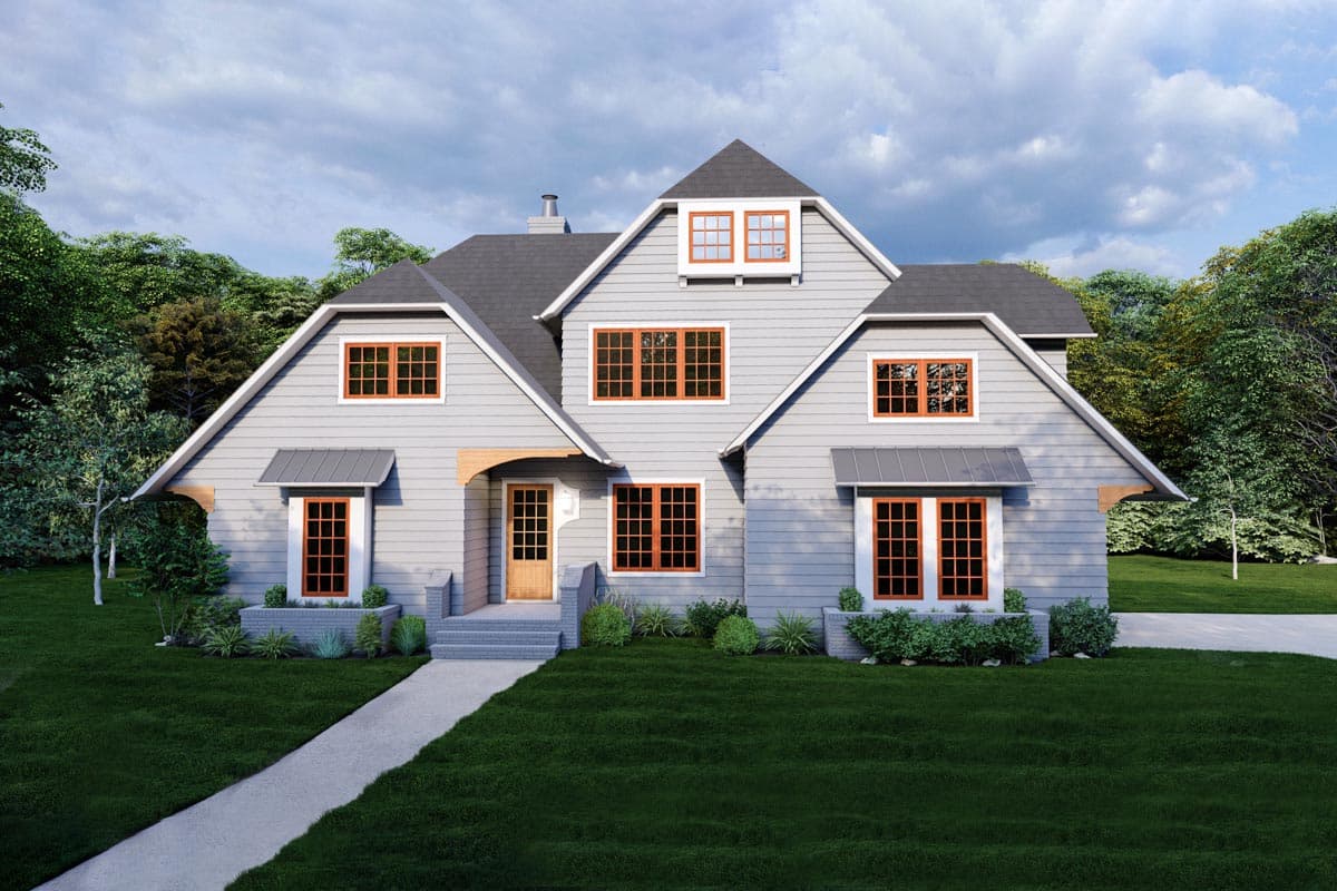 House plan exterior with Craftsman style, two stories, gabled roof, dormers, and shed-roofed entry porch.