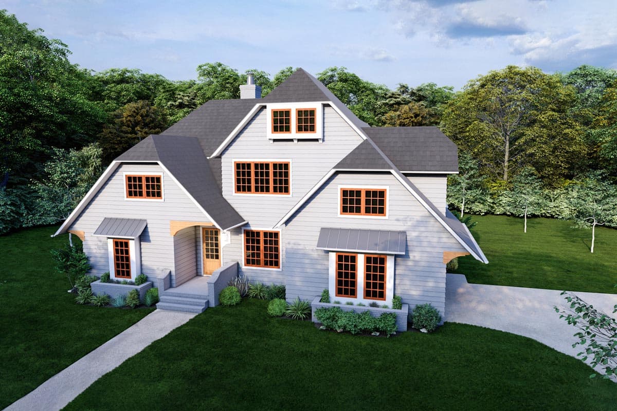 House plan exterior: Two-story home with gables, dormers, prominent rooflines, and a covered front entry.