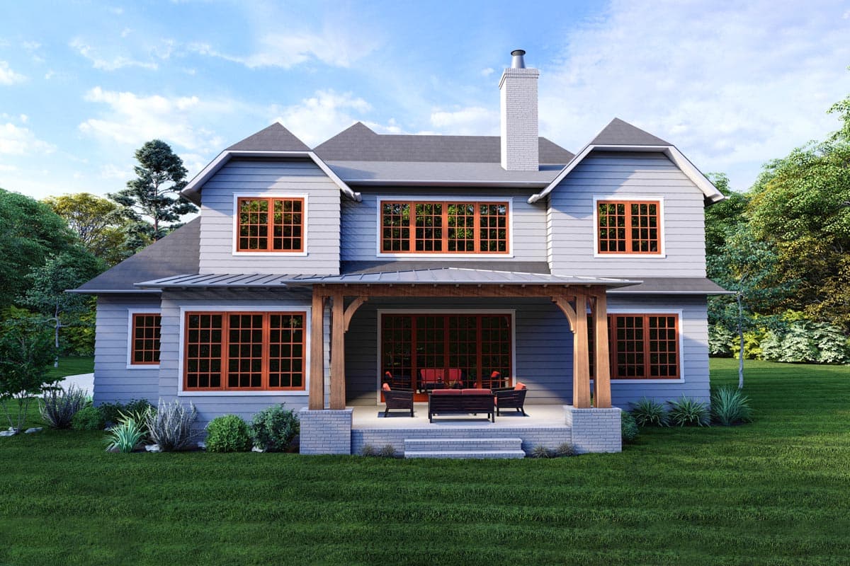 House plan exterior: Two-story home with gray siding, prominent gables, wood-trimmed windows, and a covered front porch with timber supports.